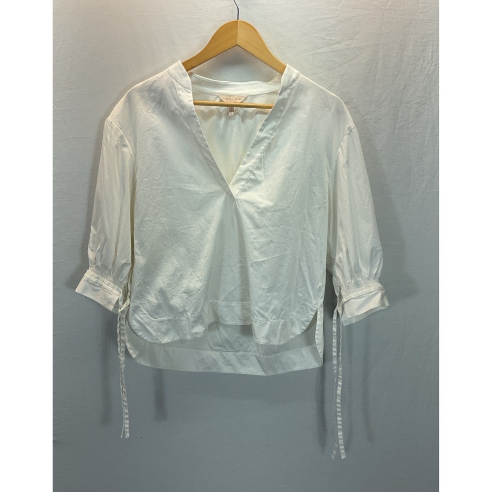 Rebecca Taylor‎ Blouse Womens M Stretch Cotton White Popover Tie Cuffs Travel